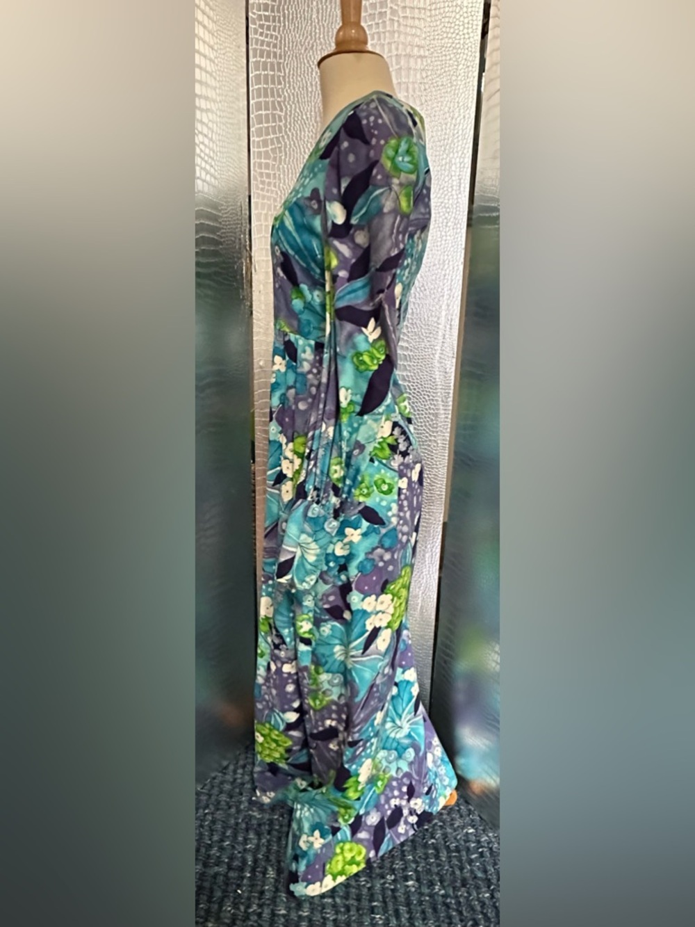 Vintage Long Sleeve Floral Maxi Dress in Teal, Purple & Lime - Picture 5 of 10